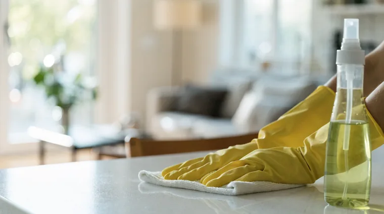 Haushaltsreinigung – Arbeitsfläche wird in einem hellen Wohnraum gereinigt