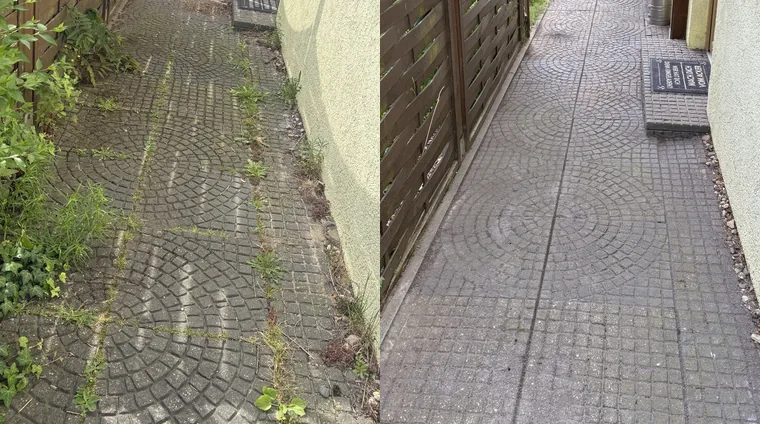 Unkrautentfernung – Pflasterweg mit Unkraut vorher und sauber nachher